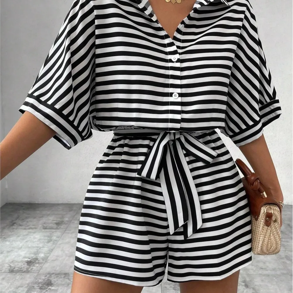 

Summer Striped Jumpsuit Short Sleeved Shorts Lapel Cardigan Button Up Mid Sleeved Waistband Jumpsuit For Women One Piece Shorts