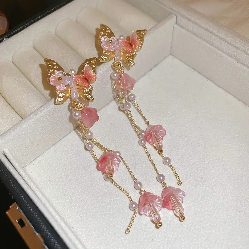 Butterfly Flower Crystal Tassel Earrings for Women Korea Sweety Long Drop Earring Fashion Temperament Luxury Designer Jewelry