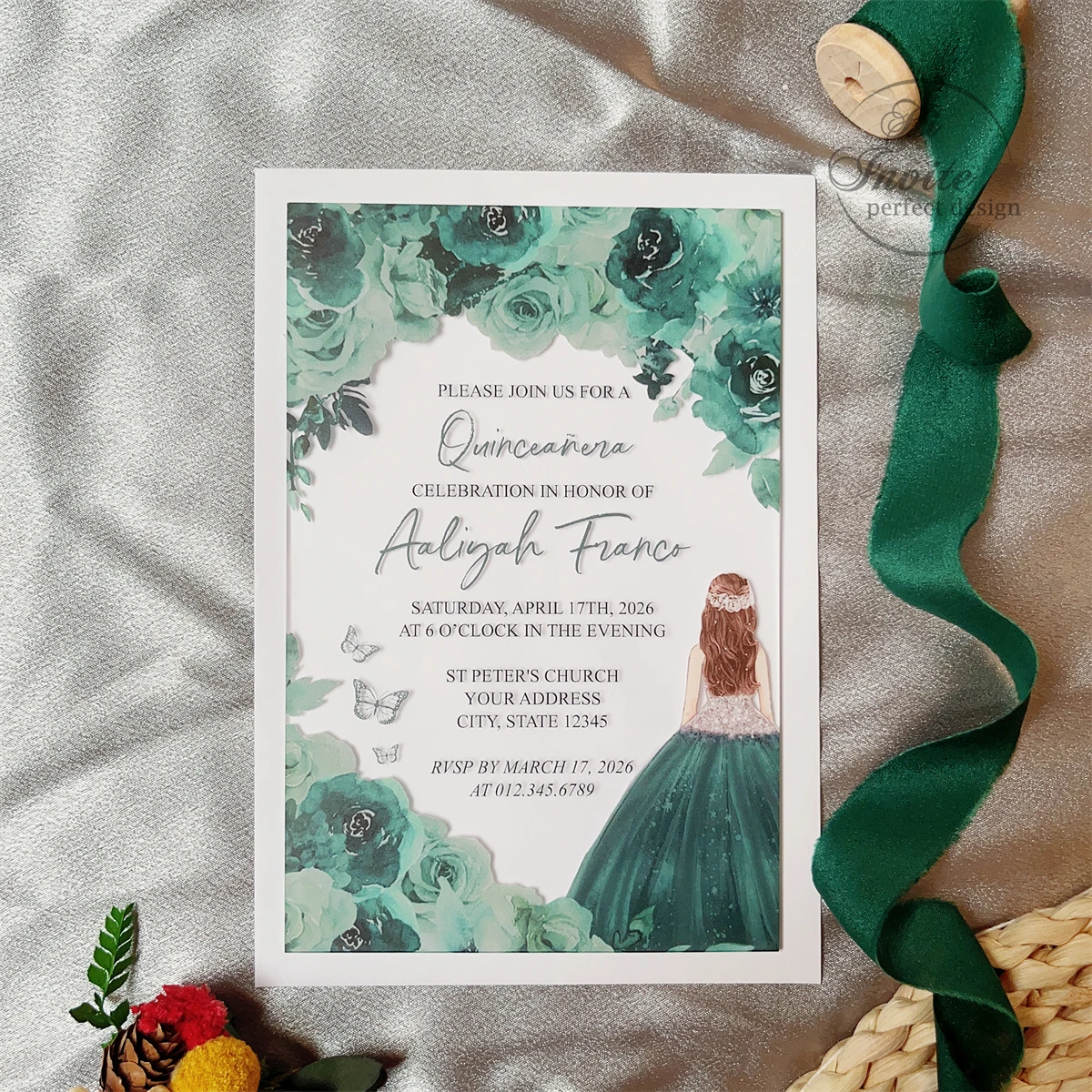 

Elegant Green Sweet 15 Girl Acrylic Invitation, Green Princess Floral Quinceañera Invite, Mis Quince Anos Card