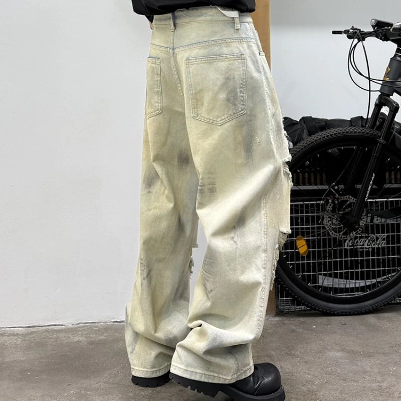 جينز أمريكي عتيق للرجال فضفاض مناسب مستقيم الساق من قماش الدنيم المتعثرة الكورية الهيب هوب شارع العليا ممزق ريترو عصري