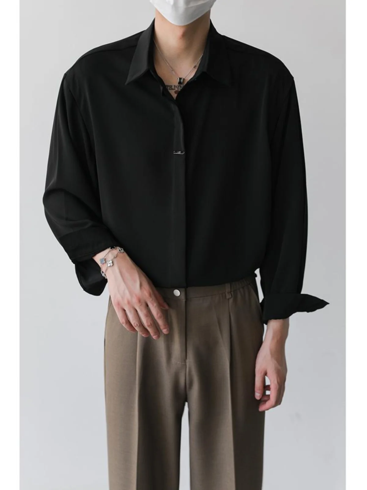 

Spring Autumn Men's Loose Fit Long Sleeve Shirt Iron Free Pure Color Casual Fashionable Business Office Wear