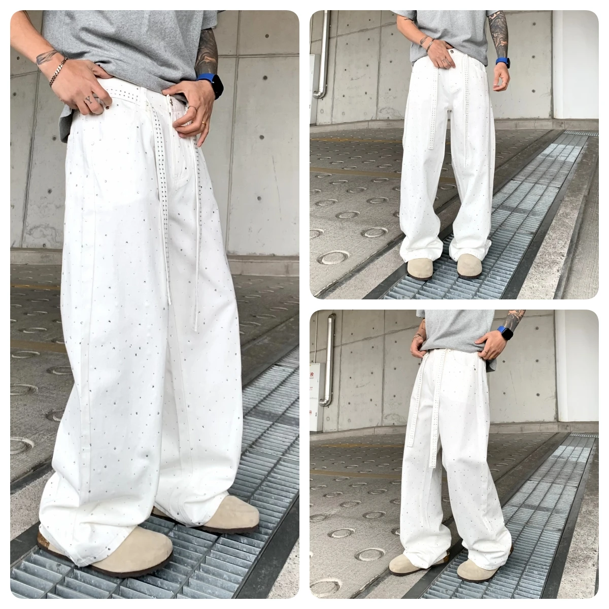 

New Men Streetwear Fashion Hip Hop Loose Casual Plus Size Oversize Denim Jeans Pants Bright Diamond Wide Leg Baggy Jeans