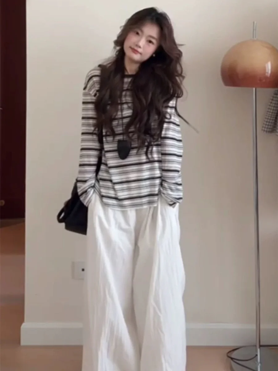 Slimming Striped Color Blo Long Sve Women's T-irt Spring Autumn Loose Lazy Sle Base irt Top Small Size Korean Faion