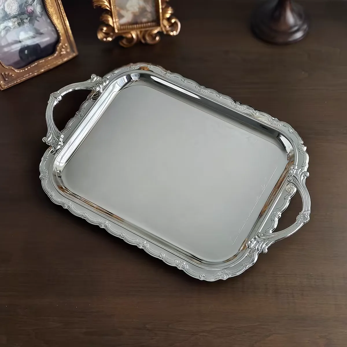 Decorative Tray Elegant Stainless Steel Serving Tray Rectangular Silver Metal Tray with Ornate Trim and Side Handles for Table