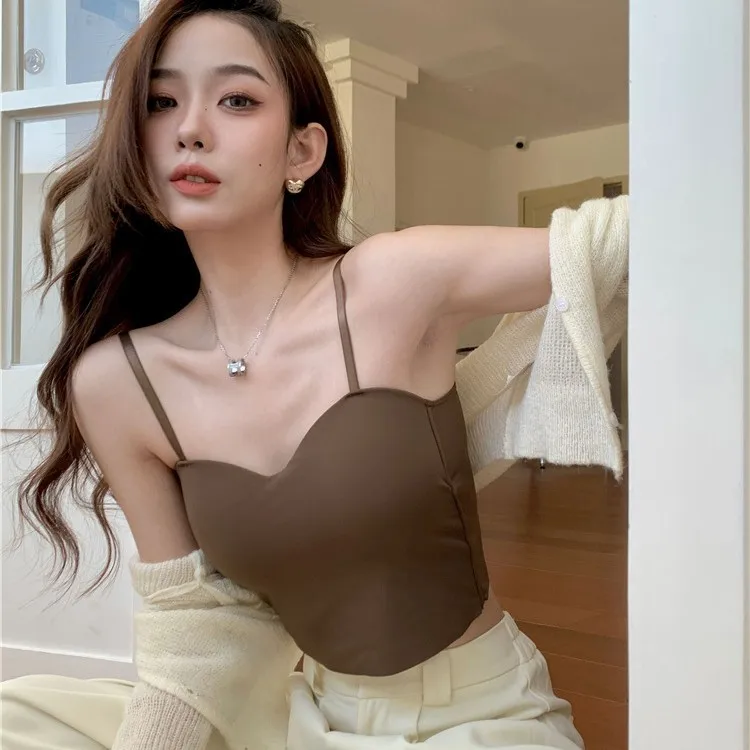 Women's Ice Silk Crop Top – Charming V-Neck Turtleneck Base Layer with Fixed Cups & Built-In Pads for Innerwear/Outerwear