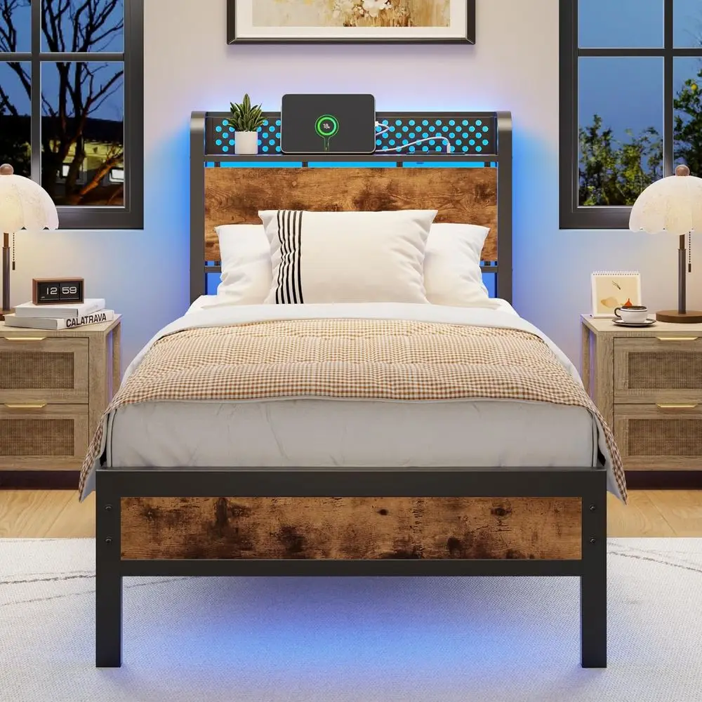 

Bed e Twin Size with Charging Station,Bede with Wood Storage board,Metal Platorm Bed with Under Storage,USB
