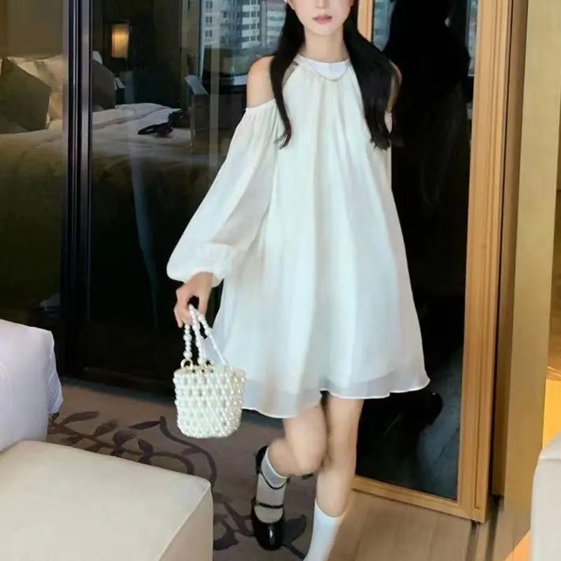 Spring Autumn Halter Mini Dress French Style Lantern Sleeve Women's Clothing Fashionable Off Shoulder Basic Solid Color Dresses