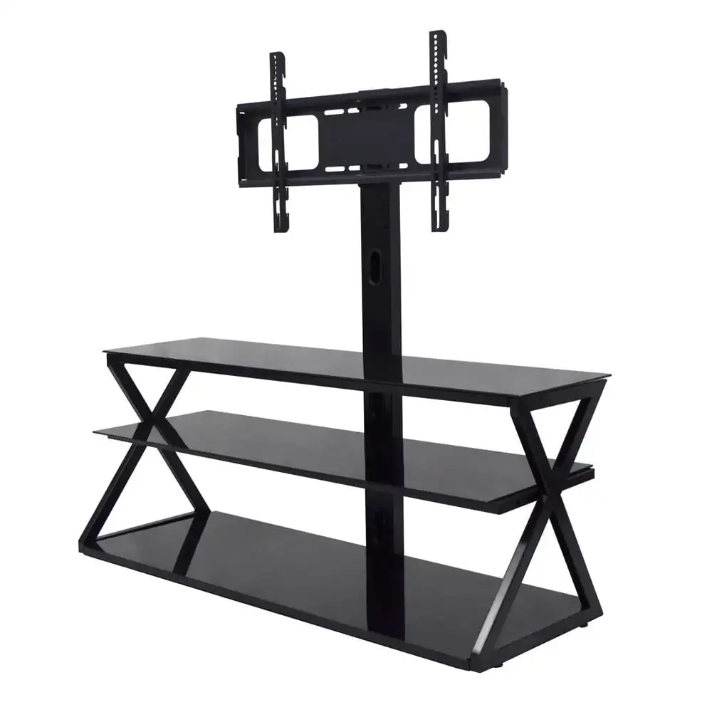 Swivel Floor TV Stand Mount 3 Tier Tempered Glass Shelf Simple To Put Together Cable Management Through The Center Column