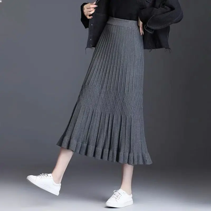 Knitted Midi Skirt Women's Mid Length High Waisted A-line Skirt Woolen Large Swing Skirt Korean Version Pleated Skirt Long Skirt