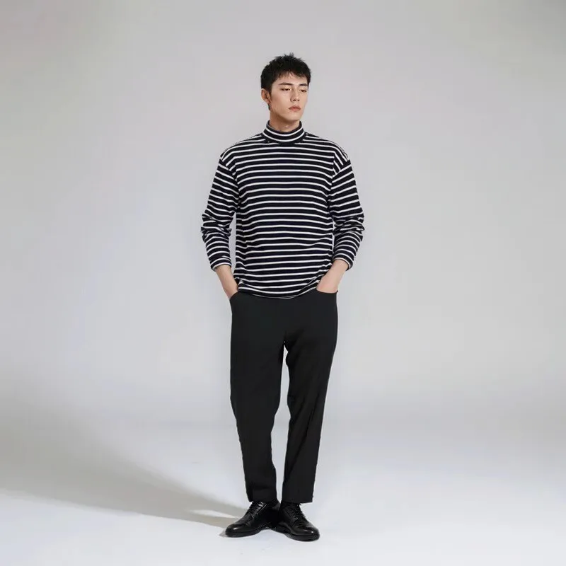 

Pure Cotton Long Sve Mid-Ne T-irt for Men Slim Fit Striped Base irt Youth Spring Casual Knitted Sweater