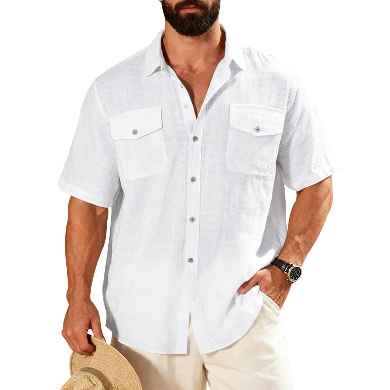 Men's Work Shirt Short Sleeve Double Pocket Lapel Loose Fit Lightweight Breathable White Summer Casual Utility Top Shirt for Men