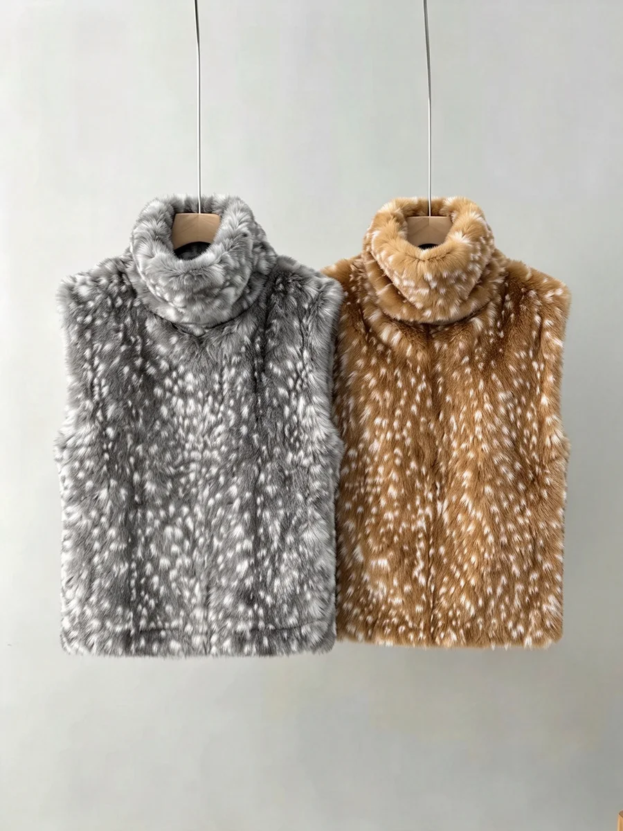 LIMO Women High Neck Faux Fur Vest Deer Spotted Sleeveless Plush Waistcoat Winter Warm Casual Gilet