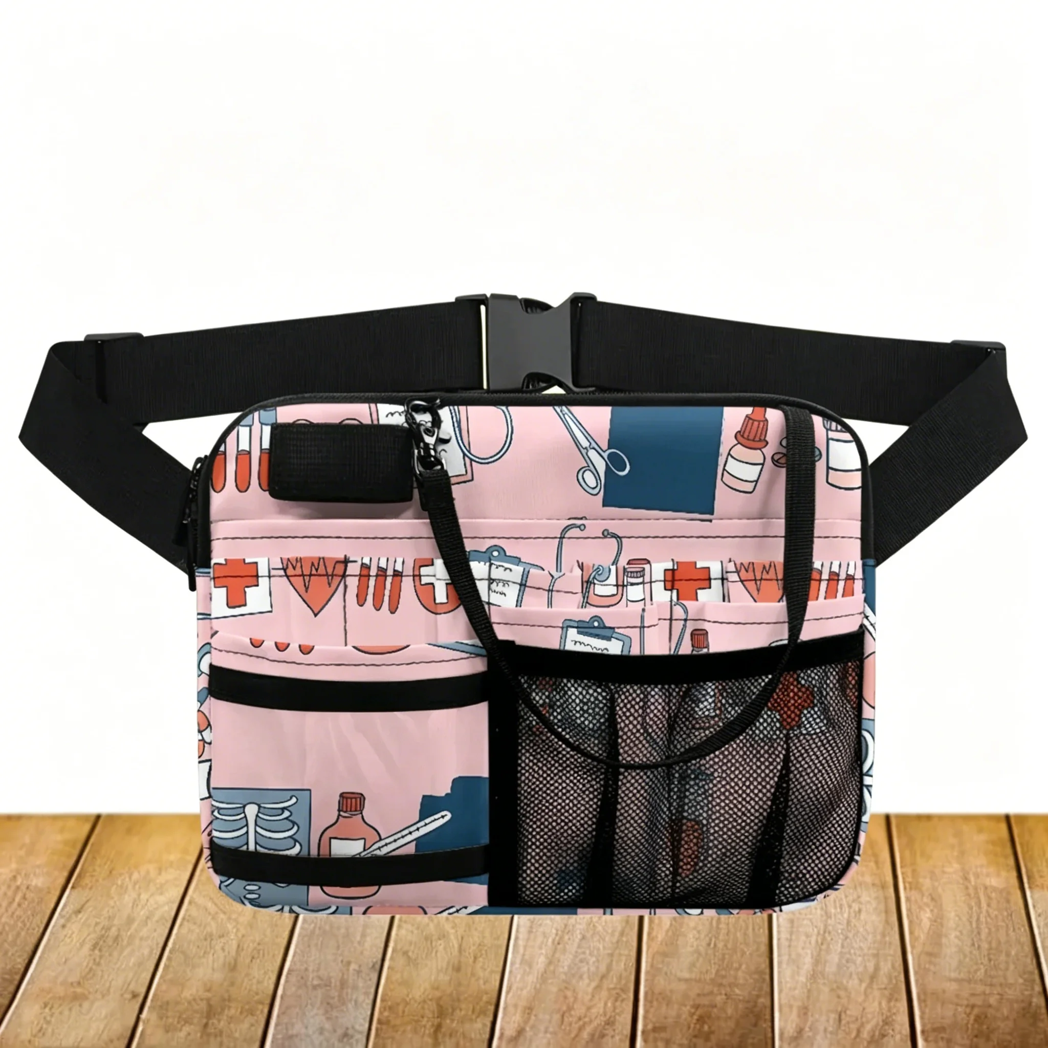 

Pink Medical Theme Waist Bag Cartoon Print Fanny Pack with Multi-Pockets, Belt Organizer for Nurse Doctor Hospital Clinic Work