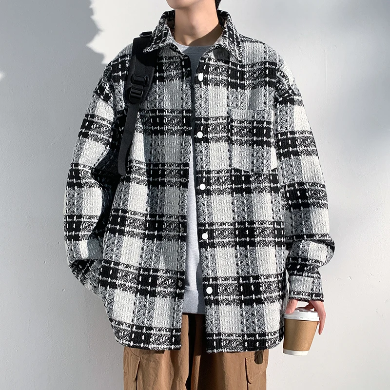 

Korean Sle Small Fraance Wind Men's Spring Autumn Plaid Woolen Coat Faionable High End Feeling Chboard Pattern Jaet