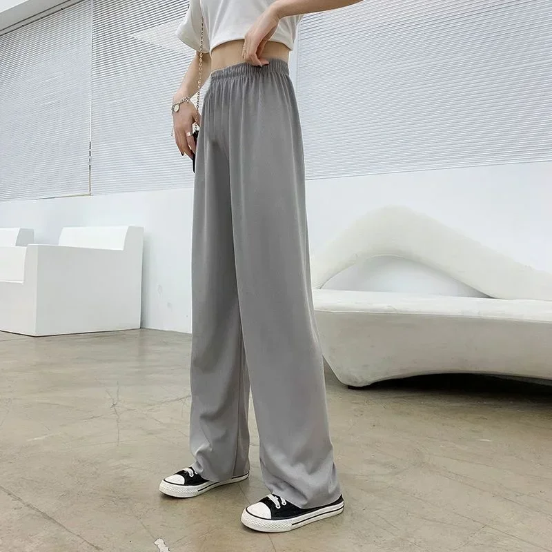 Knitted Wide-leg Pants Women Casual All-match Trousers Summer Streetwear High Waist Ice Silk Draped Loose Straight Pants