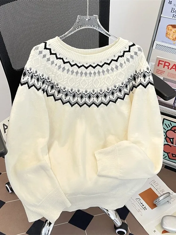 

Мужской и женский вязаный свободный свитер Fce Island, осень-зима, винтажный длинный свек с геометрическим узором, круглый Ne Bas...