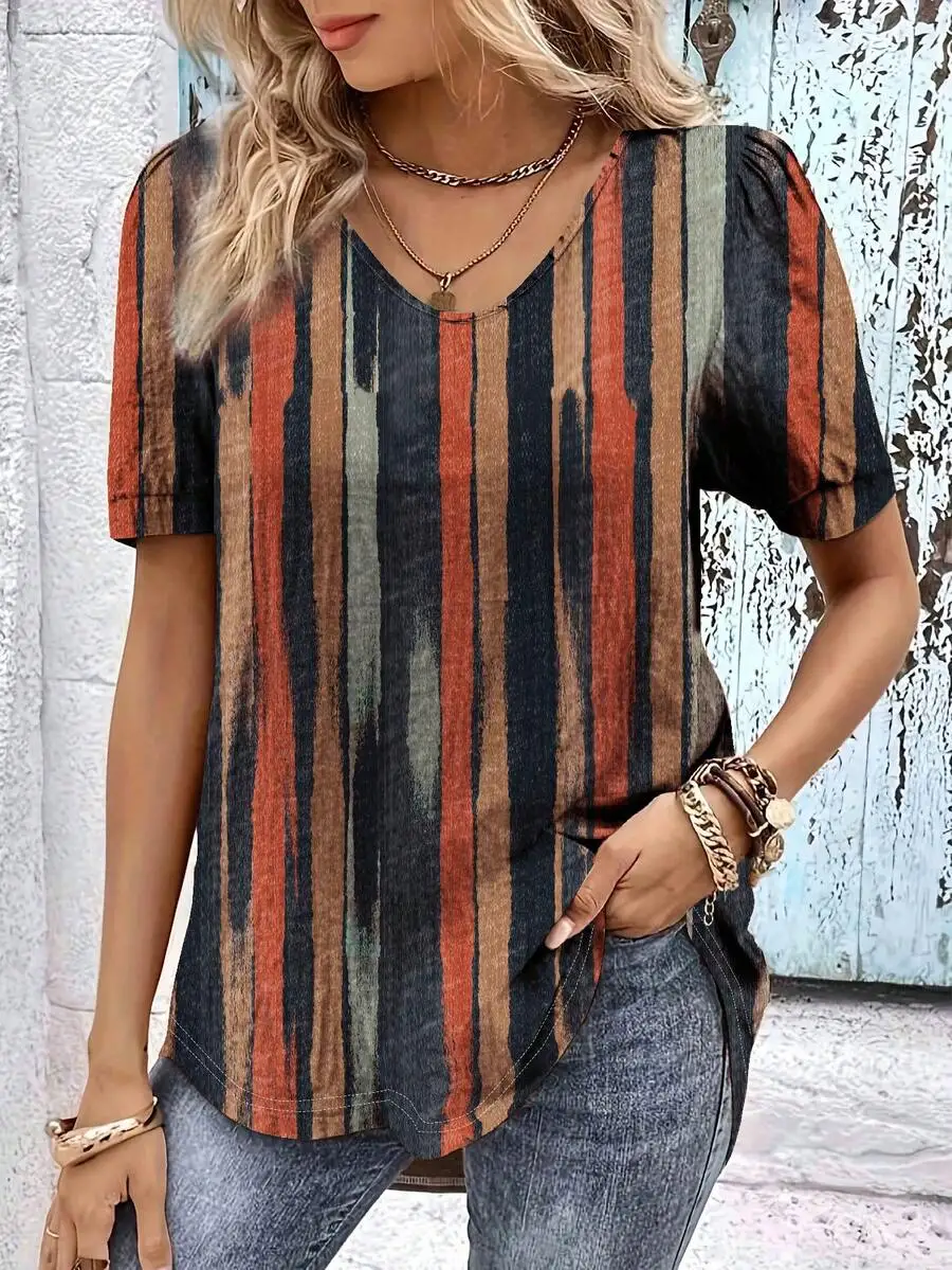 

Women's V-Neck Short Sleeve Striped Print Casual T-Shirt Summer Loose Fit