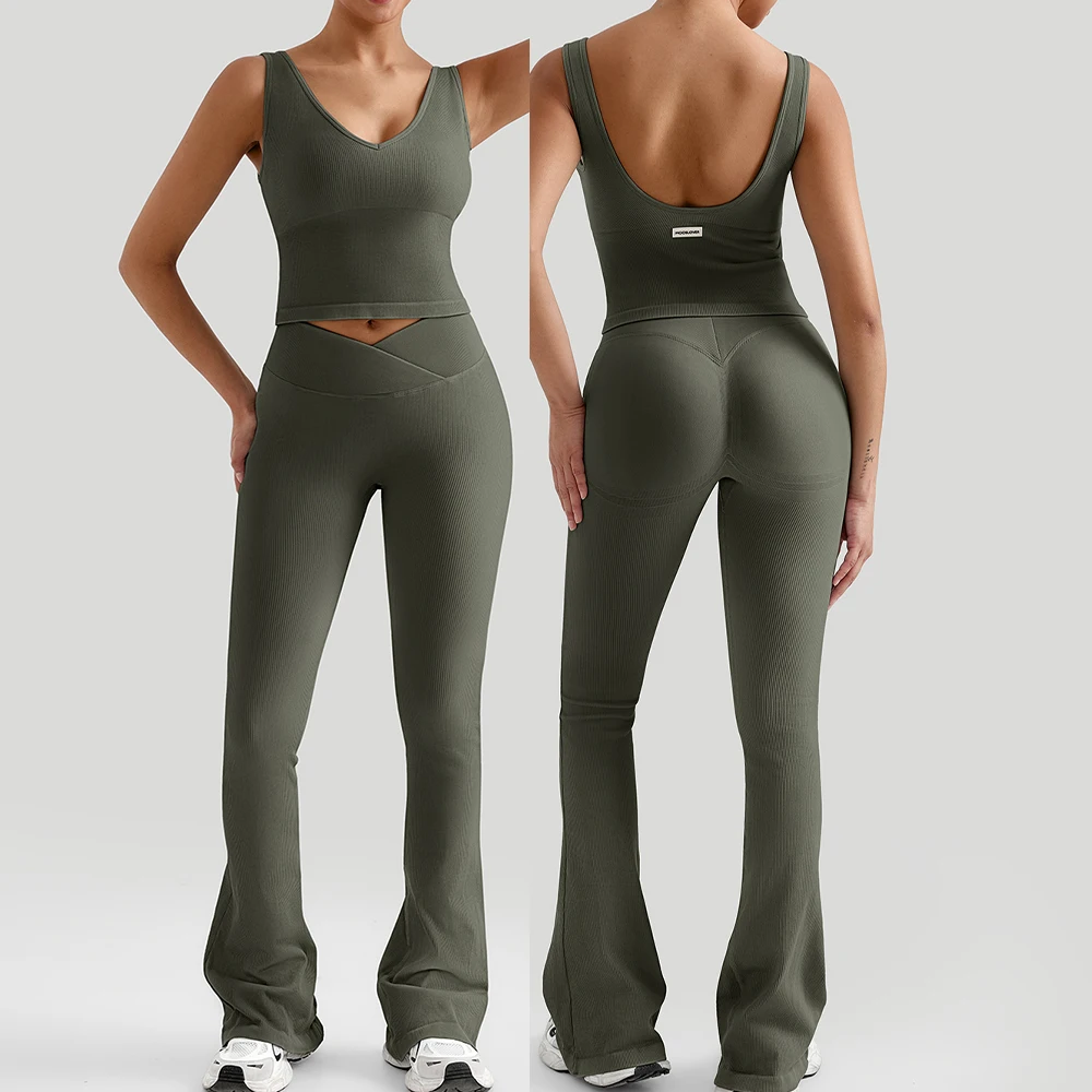 Conjuntos de yoga acanalados, ropa deportiva para entrenamiento, chándal de gimnasio, leggings acampanados de cintura en V, sujetador deportivo, chaleco, ropa atlética para mujer