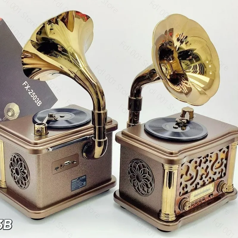 FX-2503B Vinyl Gramophone Ornament Audio Retro Bluetooth Speaker Wooden Box FM AM SW Radio