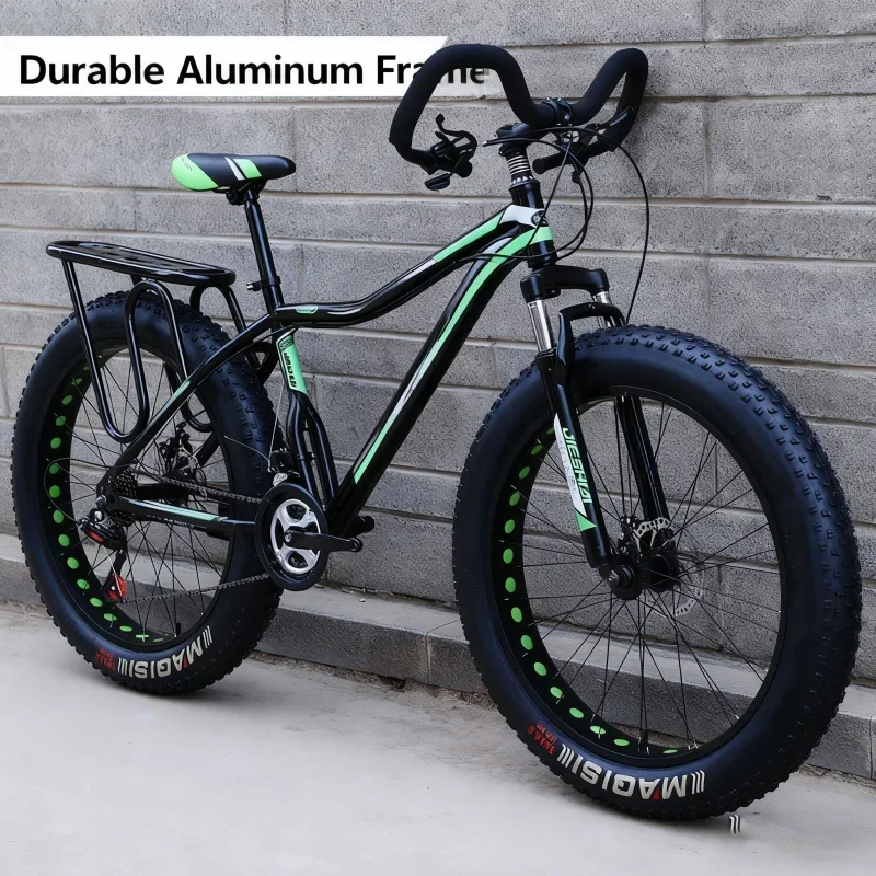 

Adult Men's Large Tire Bicycle Black & Green Hollow Butterfly Handle Variable Speed Thick Wide Snow Mountain Off-Road Fat Bike