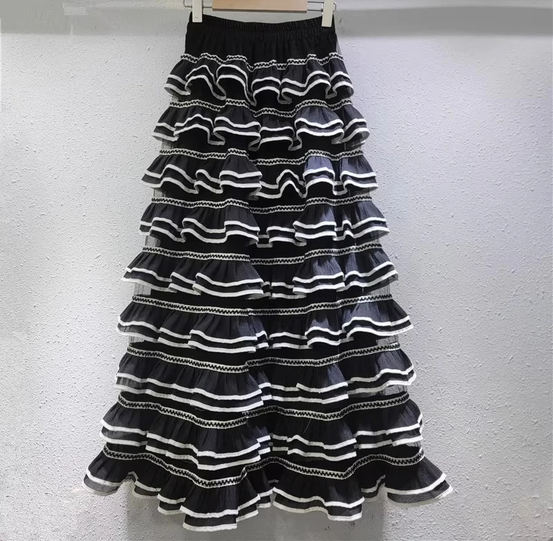 Jupe gâteau français en gaze de couleurs contrastées, douce, mode, taille haute, ligne a, polyvalente, ample, rayée, longue, printemps été