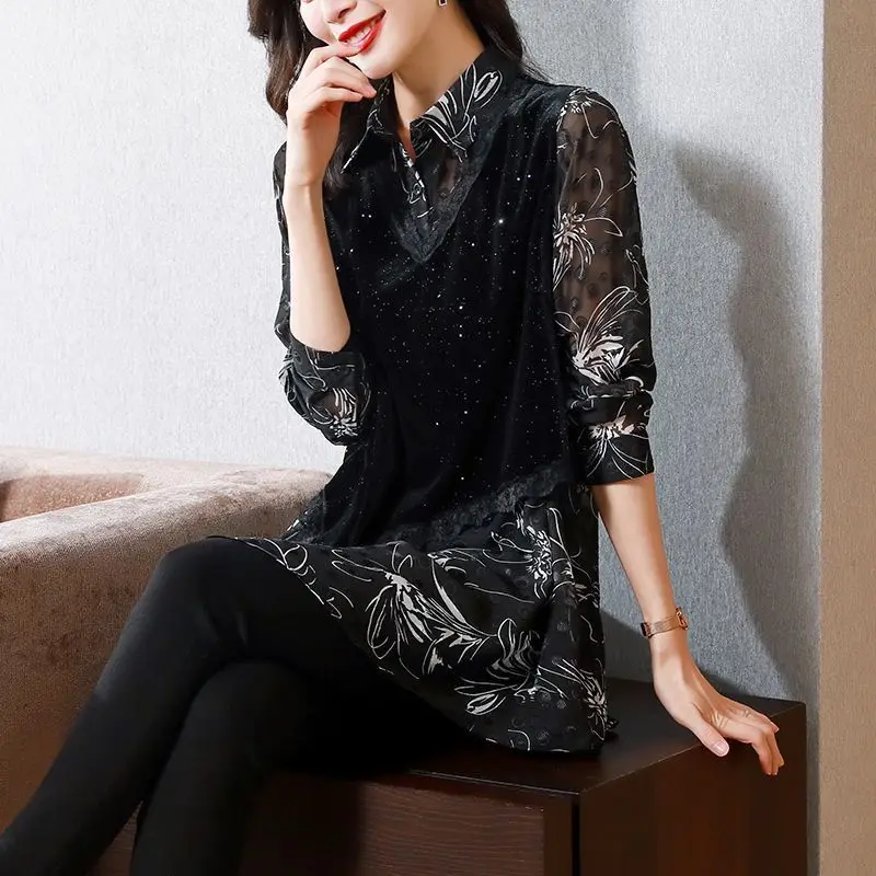 

Fashionable Floral Print Chiffon Blouse Women's Mid-Length Collared irt Spring Autumn Seasonal Long Sve V-Ne Design TT262