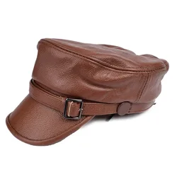Real Leather Yacht Captain Sailor Cap Unisex Genuine Cowhide Skin Newsboy Cabbie Baker Boy Peaked Beret Hat for Men Women