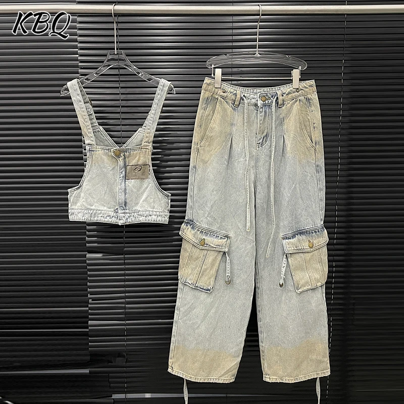 

KBQ Denim Two Piece Sets for Women Square Collar Sleeveless Short Top High Waist Spliced Pockets Pant Design Sense Set Female