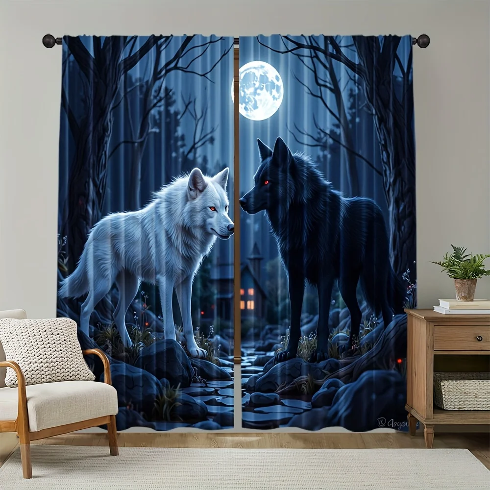 Mystical Forest Wolf & Full Moon Rod Pocket Window Curtains - Retro Elegance Room Decor for Bedroom Living Room Set of 2 Panels