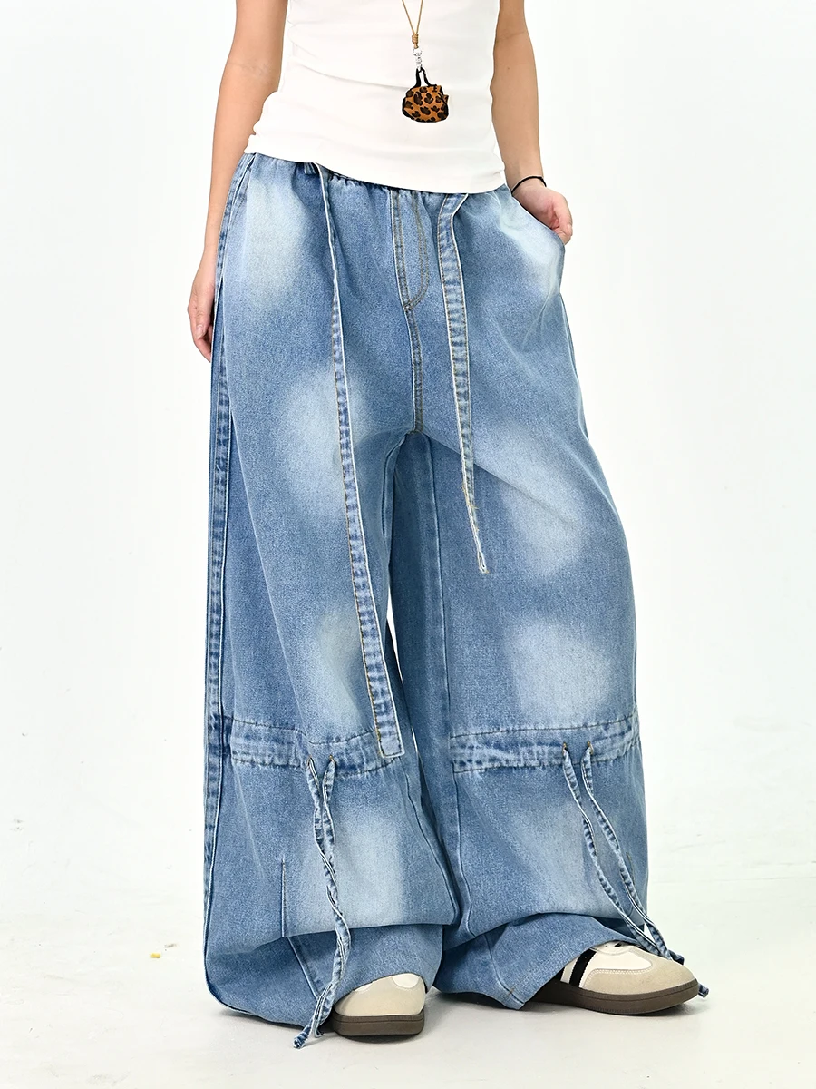 

Женские джинсы свободного кроя Waable, новинка зимы 2025, широкие брюки в пол в корейском уличном стиле с завязками на поясе