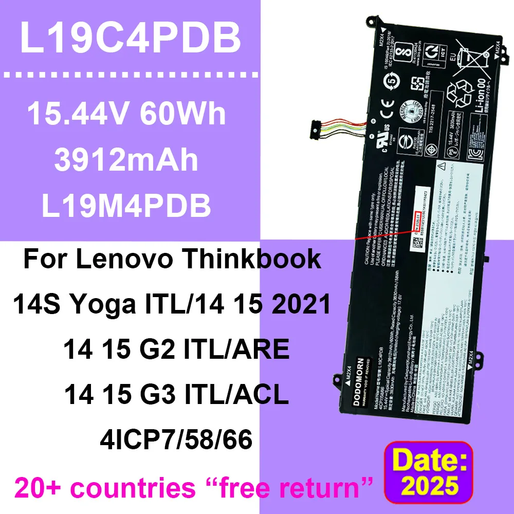 

Laptop Battery For L19C4PDB Lenovo Thinkbook 14S Yoga ITL,14 15 G2 G3 ITL ARE ACL SB10Z21205 L19M4PDB 15.44V 60Wh 3912mAh