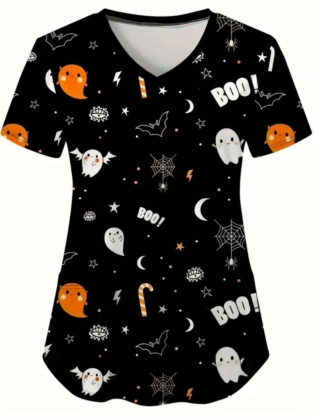 Uniforme médical femme Halloween crâne motif imprimé hauts mode d'été col en v avec poches à manches courtes gommages uniforme femme