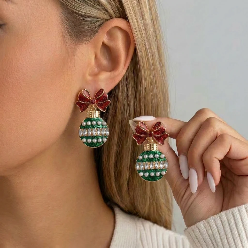 Niedliche Schleifenknoten-Glühbirnen-Ohrhänger für Damen, Strass-Ohrringe mit simulierten Perlen, Weihnachtsbaum-Ohrringe, Charms für Neujahrsparty-Schmuck – Detail 1