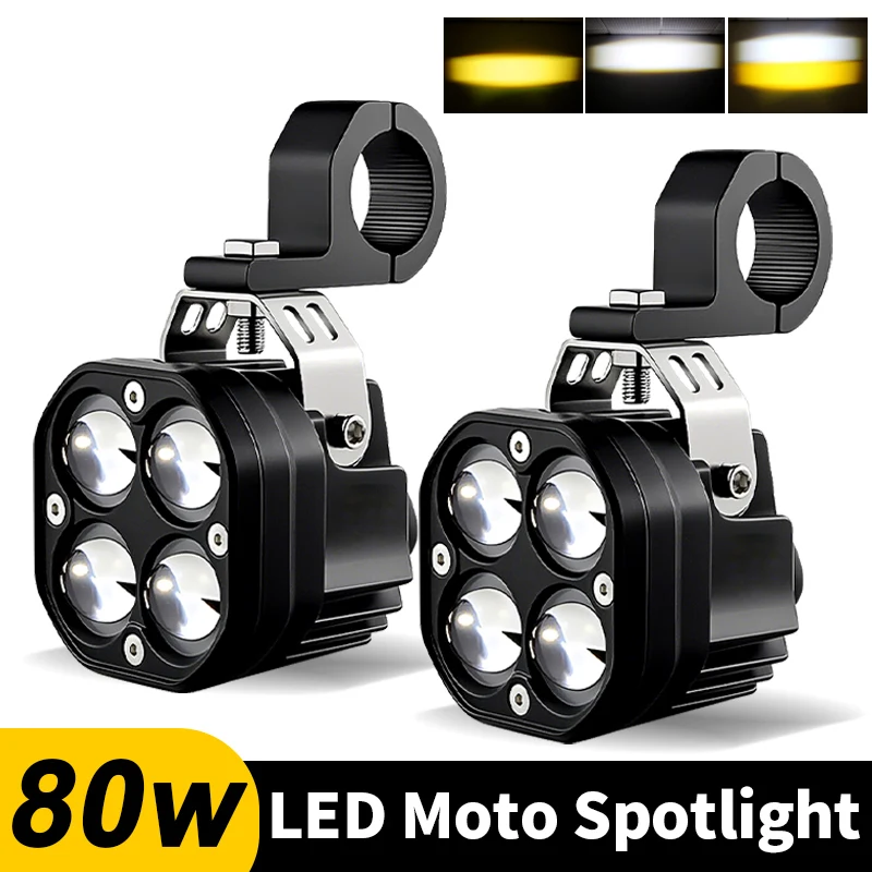 

2Pcs 80W Motorcycle Headlight 8000lm Fog Lights Led Auxiliary Driving Light Spotlight Headlamp Dual Color flasher Moto Fog Lamp