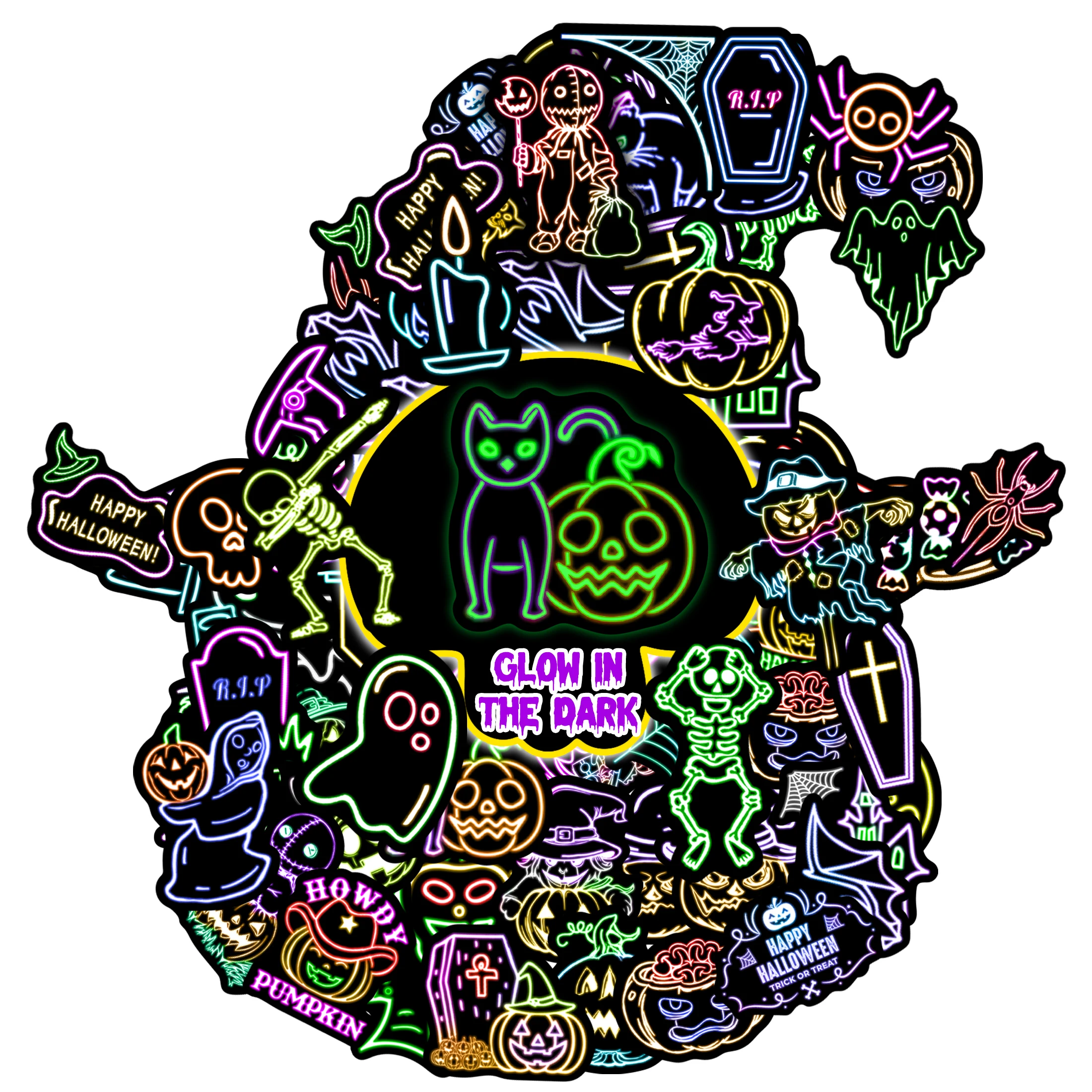 52 قطعة من ملصقات النيون للهالوين المتوهجة في الظلام، شارات كمبيوتر محمول من الفينيل المقاوم للماء للمراهقين والبنات والأولاد والطلاب في الفصول الدراسية #1