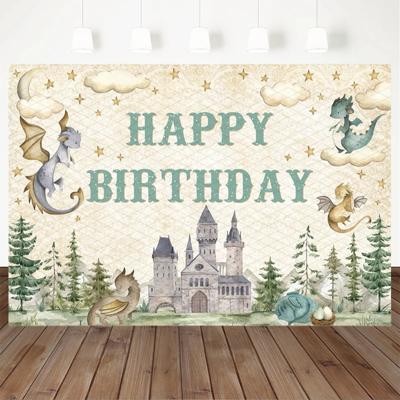 Mocsicka Happy Birthday Photography Backdrop Baby Dragon Moon Star Cloud Magic Medieval Castle Toddler Boys Portrait Backgrounds