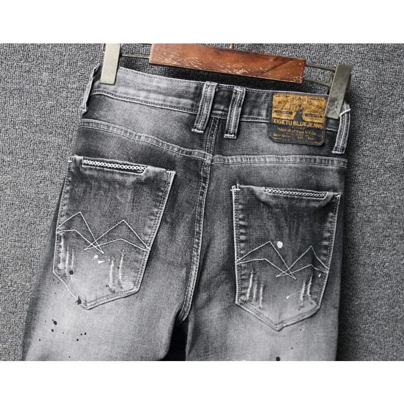 Street Designer Fashion Men Jeans High Quality Retro Black Gray Stretch Slim Fit Ripped Jeans Men Patched Vintage Denim Pants