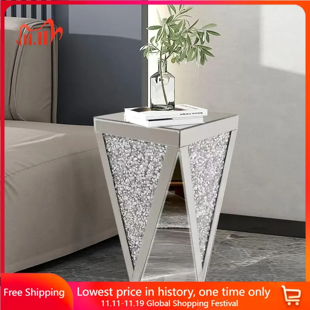 

Solid Wood End Table, Crystal Inlay Side, Small Mirrored Coffee Table For Living Room, Bedroom, Corner, 22",Storage End Tables