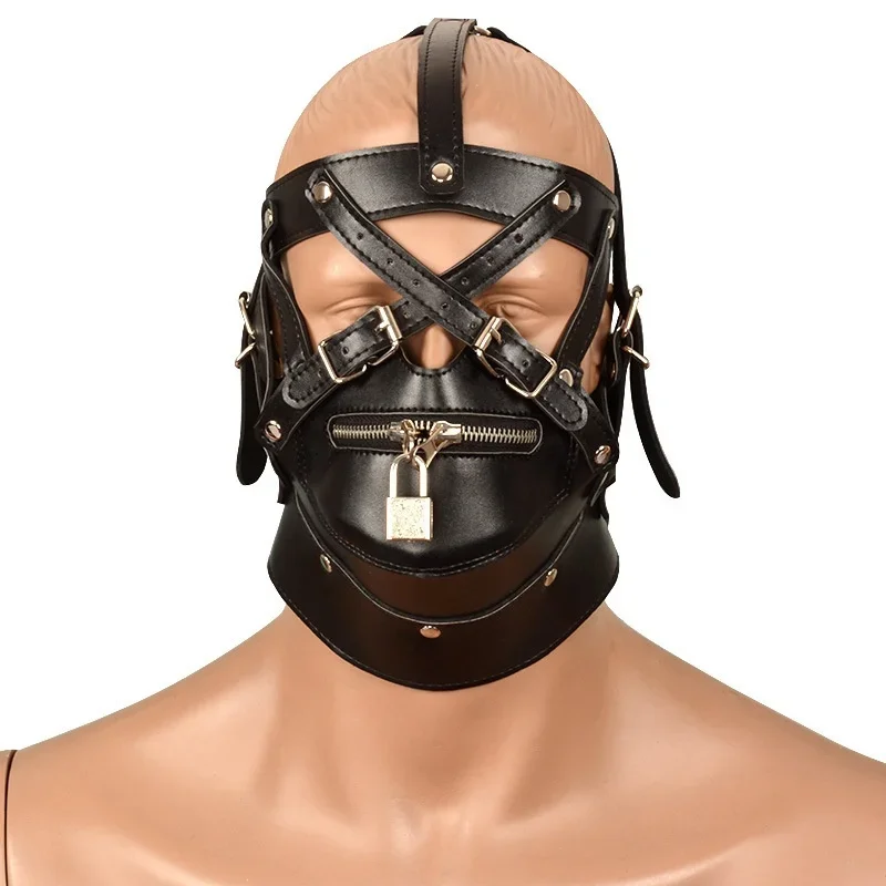 

Fetish Cosplay Sexy Mask PU Leather Bondage Harness Hood Open Mouth With Zipple for Adults Women Men Party Games Exotic Costumes