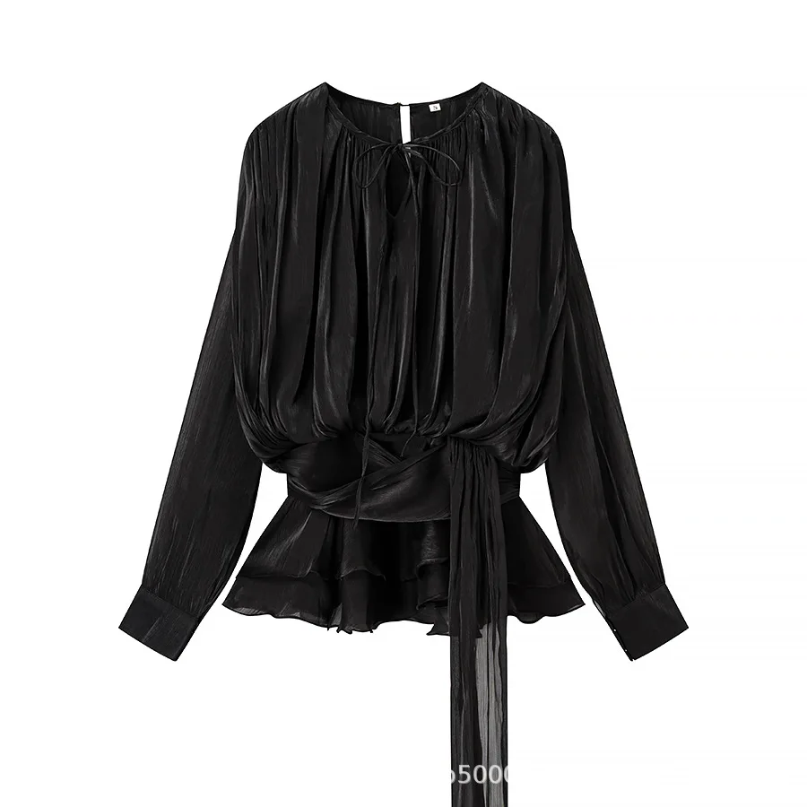Summer  new collection: European and American style, fashionable, pleated high-waisted, shiny long-sleeved dress and short skirt
