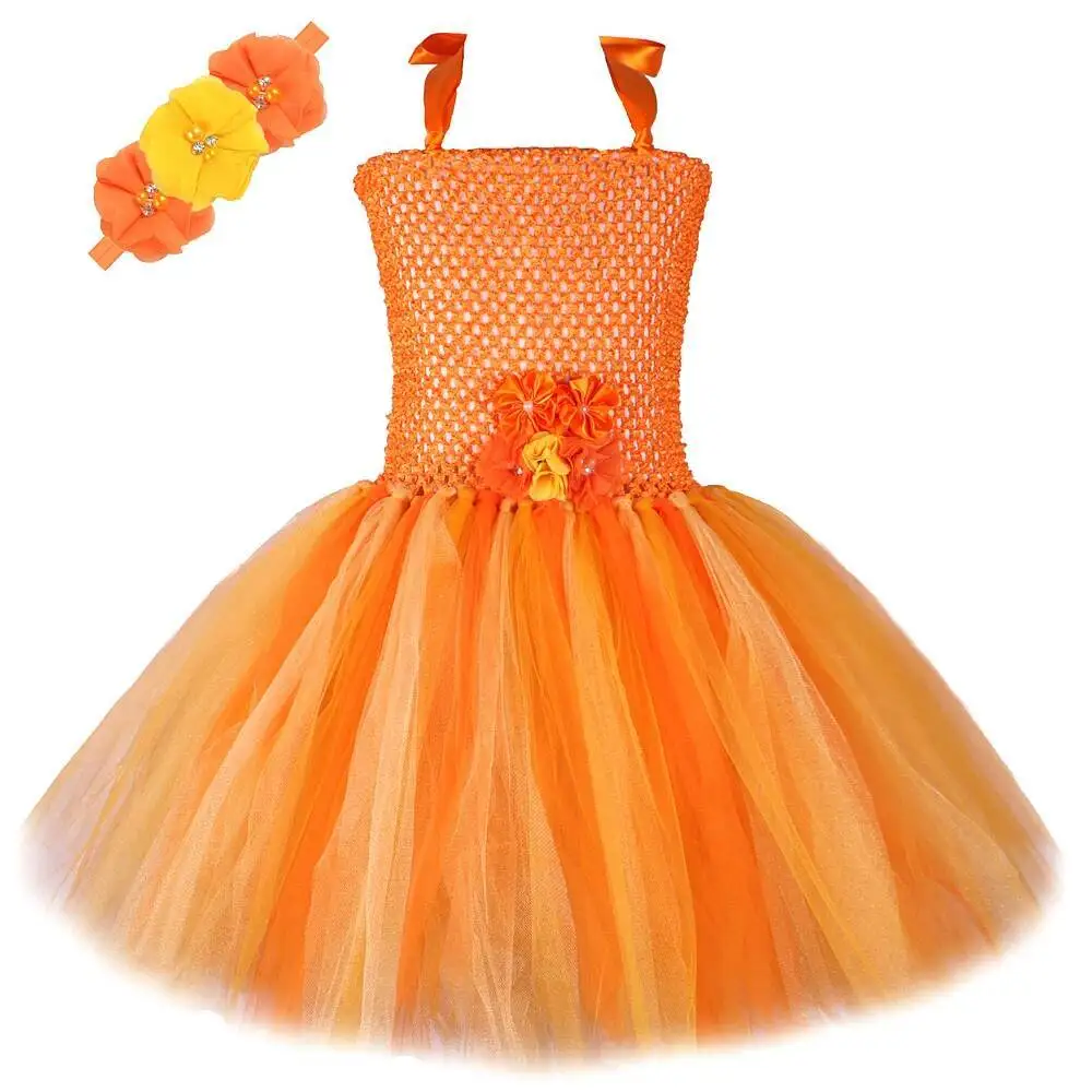 فساتين فتاة الزهور الذهبية البرتقالية للأطفال خريف الخريف أزياء الهالوين الأميرة اصطف تنورات قصيرة الأطفال ملابس حفلات أعياد الميلاد