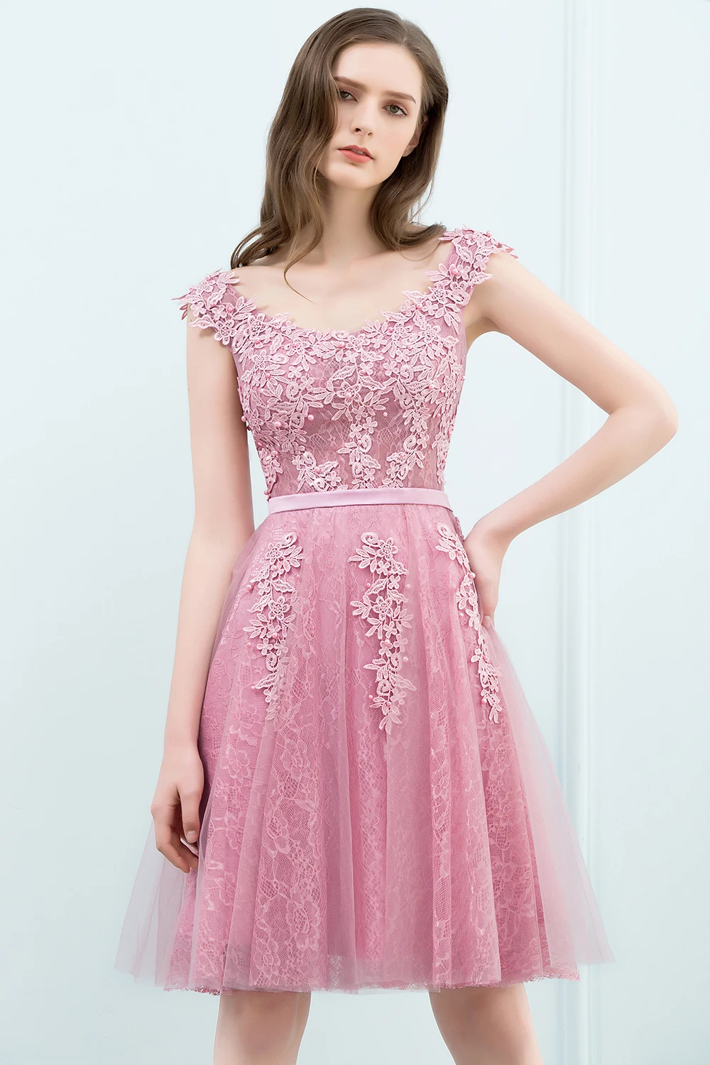 A Line Knee-length Short Sleeves Homecoming Dress Floral Embroidery Pearls Beads Top Underlaid V-neckline Deep Back Gown