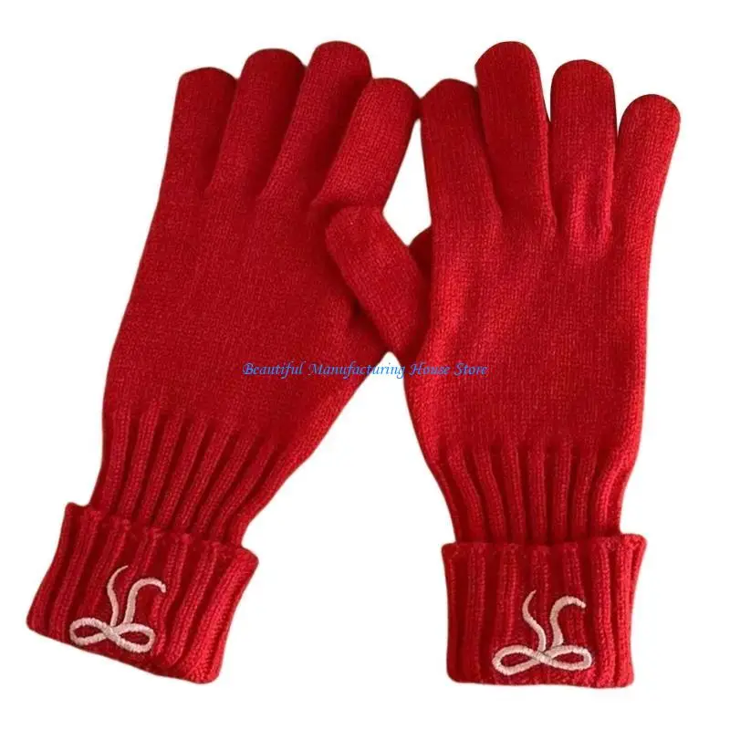 E56A Stylish Knitted Gloves for Girl Women Gloves Embroided Full Finger Gloves