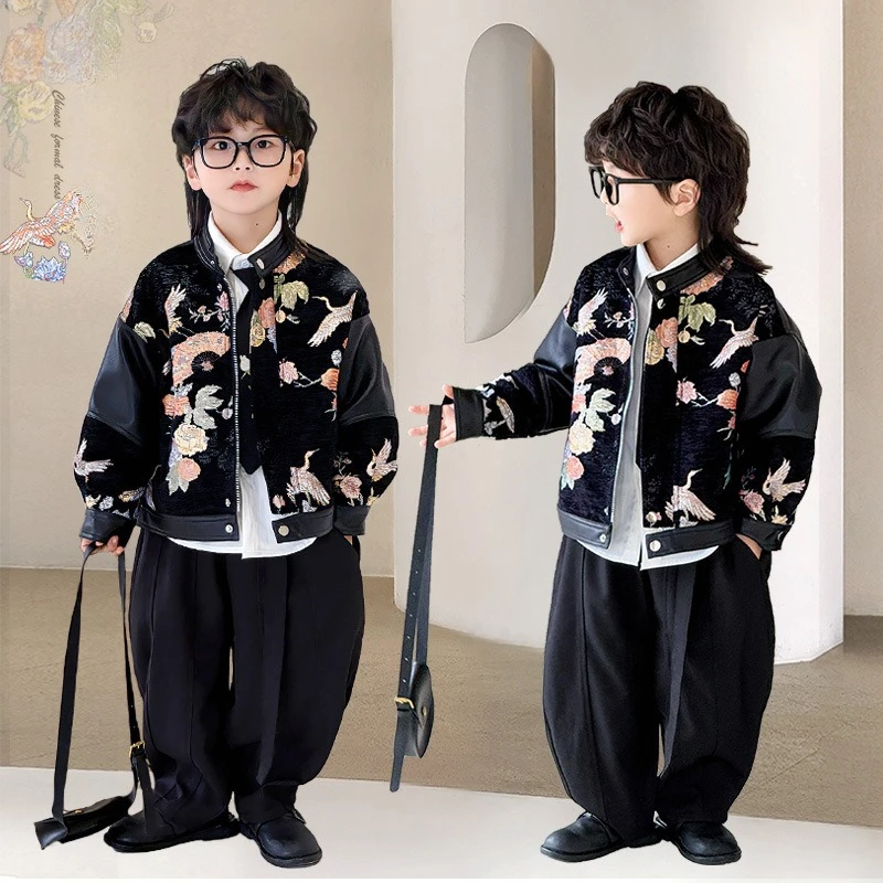 Boys Chinese Style Embroidery Jacket 2026 Spring New Kids Traditional Floral PU Leather Jacket Black Fashion Children Outerwear