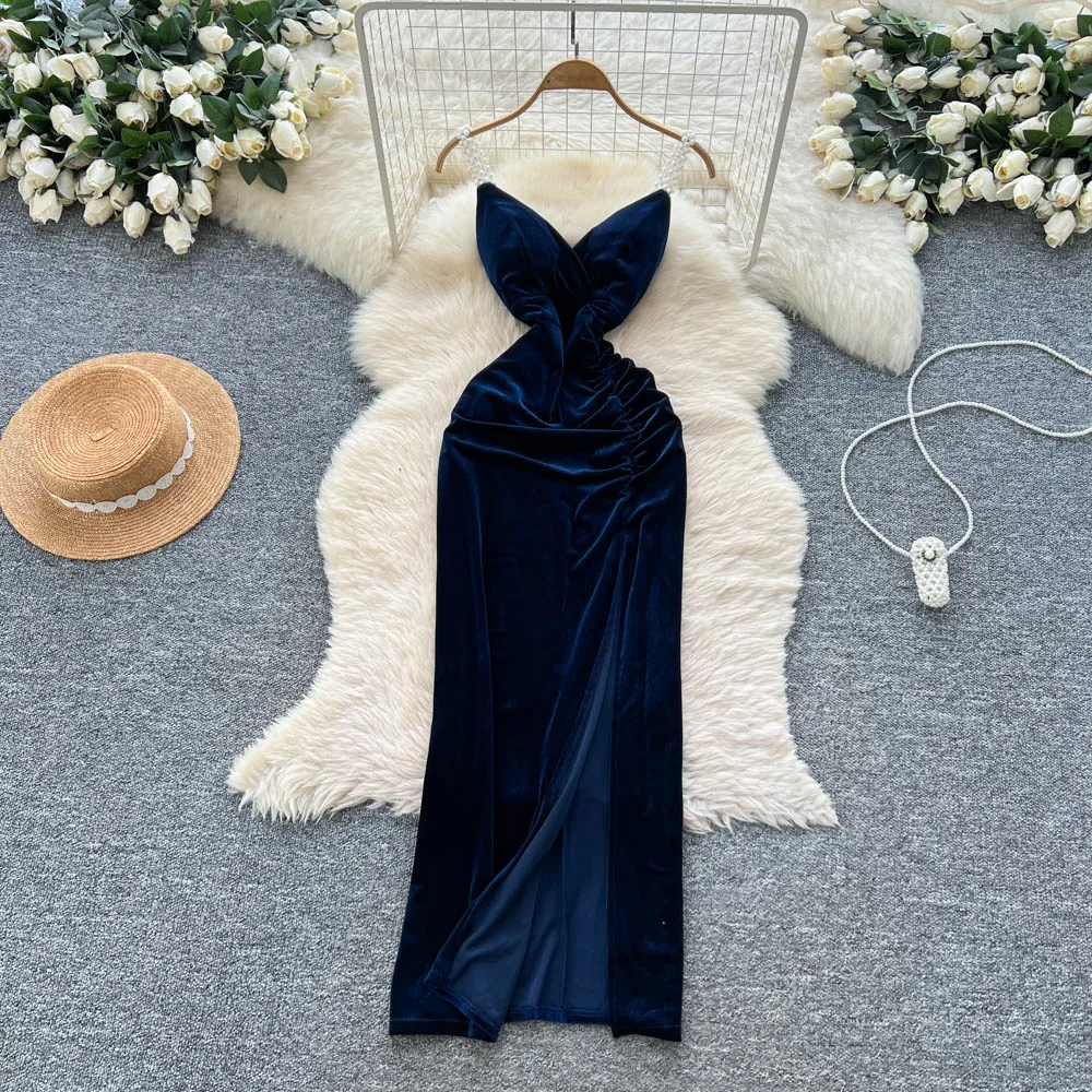 Chic vintage velour sleeveless Beading Elegant Fairy korean fashion Sundress women clothing Long dress