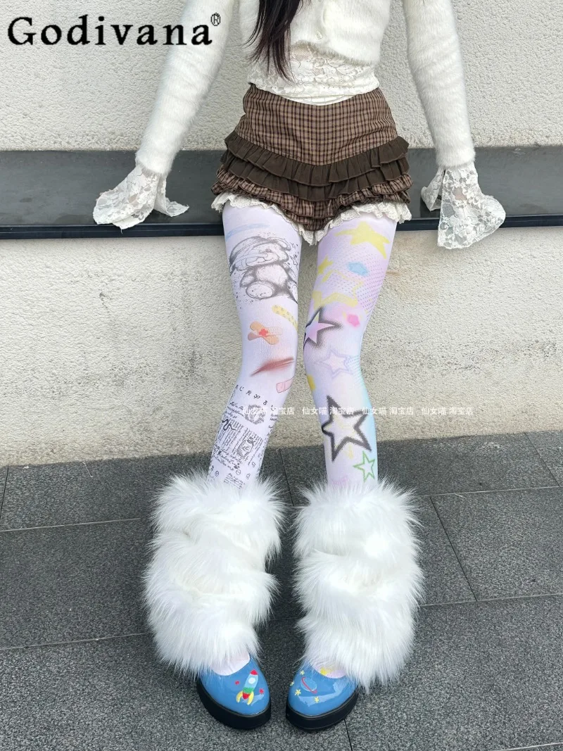 

Y2K Subculture Sweet Cool Girl Star Bear Print Красочные колготки с градиентом Японские оригинальные колготки Лолиты