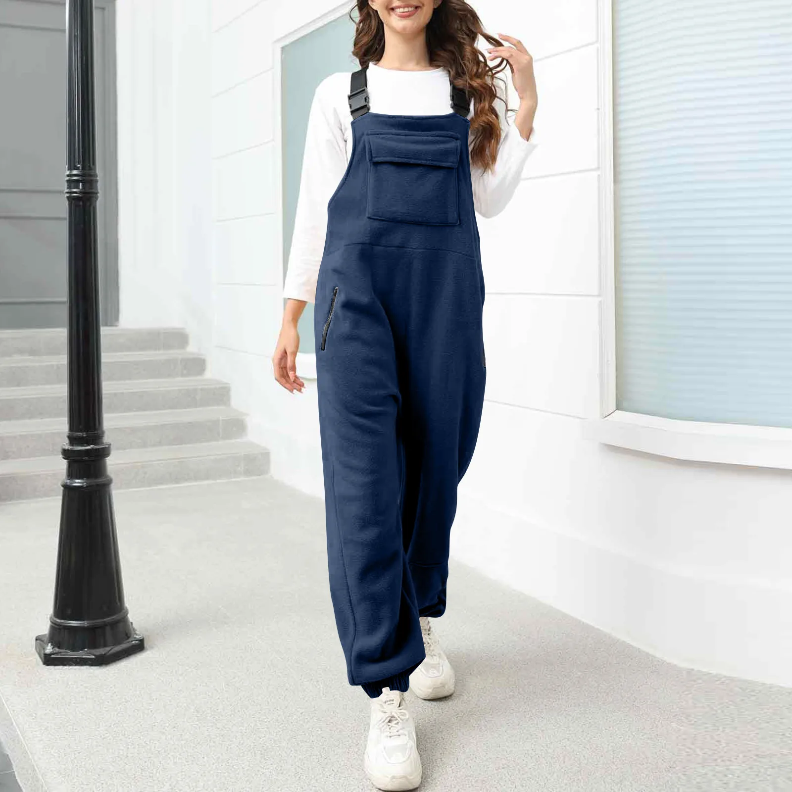 

Зимний женский плюшевый однотонный рабочая одежда с большим нагрудным карманом, свободный комбинезон, подходящий для повседневной повседневной одежды на открытом воздухе