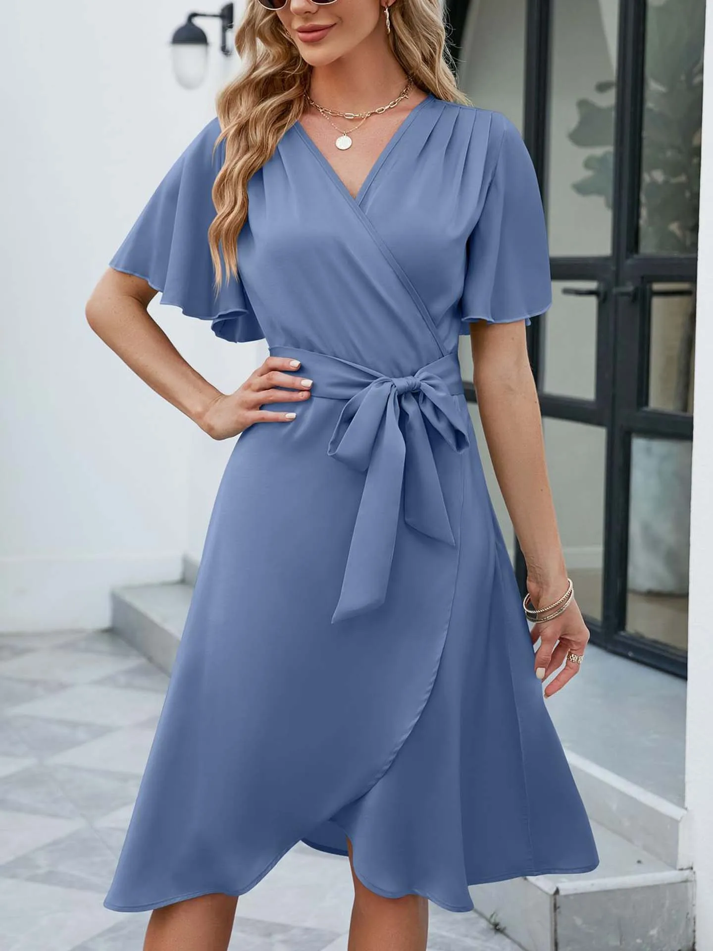 Vlek Elegante Midi Jurk Zomer A-Lijn Gespleten V-Hals Zonnejurk Korte Mouw Effen Slanke Strandvakantie Feestjurk Femme