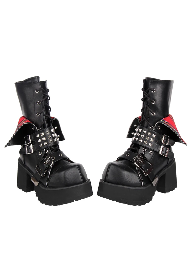 2024 New Lolita Punk Boots Hexagonal Skeleton Buckle Sponge Tie Punk Boots Retro Rock Boots