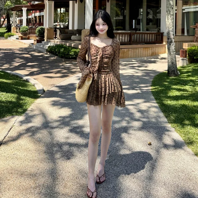 2026 Long Sleeve Women 1 Piece Swimsuits Swimdress Skirt Clothing Mesh Bathing Suit Hot Spring Monokini Slim Girls' Swim 2XL